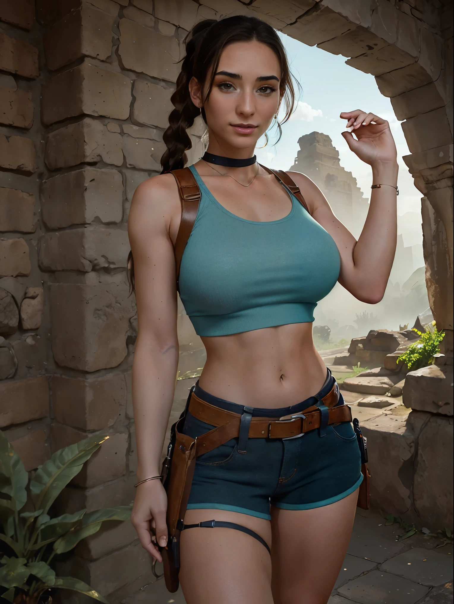 (masterpiece, top quality, best quality, official art, beautiful and aesthetic:1.2), (1girl:1.3), brown hair, ponytail, extremely detailed, portrait, looking at viewer, solo, (full body:0.6), detailed background, close up, mischievous eyes, (cool Incan ruins theme:1.1), pleasant smile, brunette, aquiline nose, green eyes, ponytail, ((gigantic breasts)), (thin), athletic, Lara Croft. Wearing a sleek light blue sleeveless top, brown shorts, boots, shoulder harness, backpack, holsters, utility belt, slim waist, slim hips, long legs, ancient (jungle ruins exterior:1.1) detailed background, bright optimistic lighting, shadows, magical atmosphere, dutch angle, 