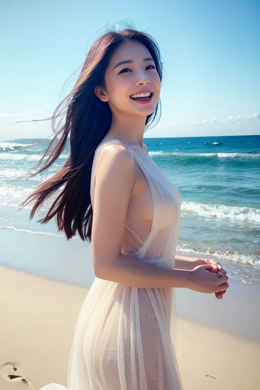 Highest quality、8k、32K、masterpiece,)Beautiful woman、Natural look、Looking into the camera 、See-through dress、Soft atmosphere、moment、No makeup、Shooting from the side、the sea is shining、Shooting from a distance、Walking on the beach with pandas、Laughter、Semi-long hair、Wind