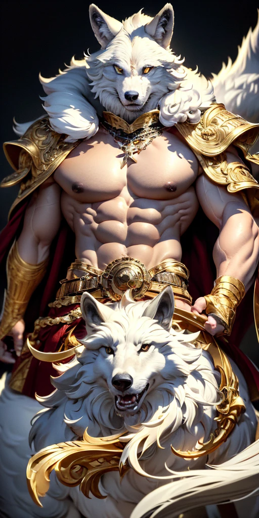 best quality, masterpiece,white wolf, gold eyes,white clothes, looking up, menacing, detailed fur, 8k, hd, highlight.