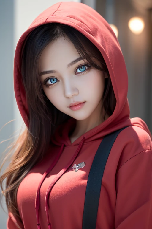 (masterpiece, Exquisite beautiful eyes: 1.5), masterpiece ,1 girl,Cute Face,(Beautiful red eyes),Large Breasts,hoodie, Very good:1.2