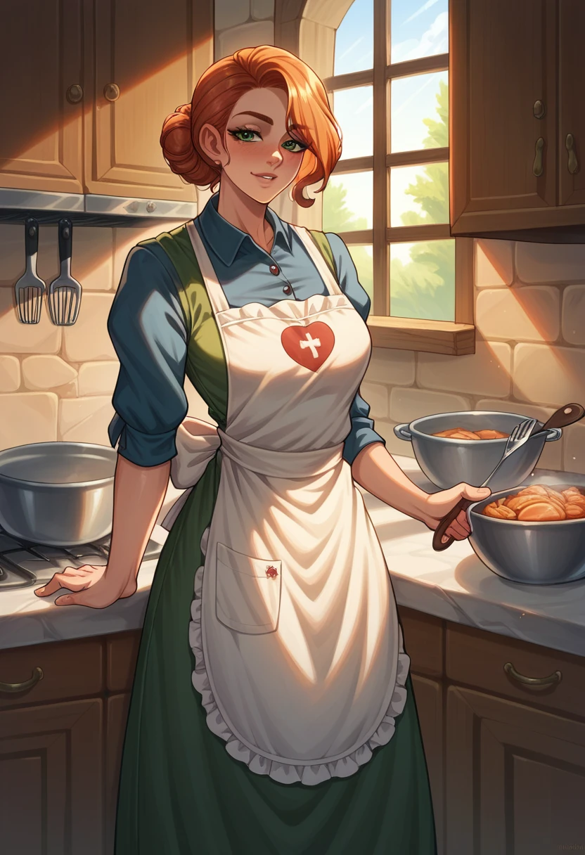 WRC-Stil, woman, indecent pose, Seductive glance, apron, kitchen, Medieval setting