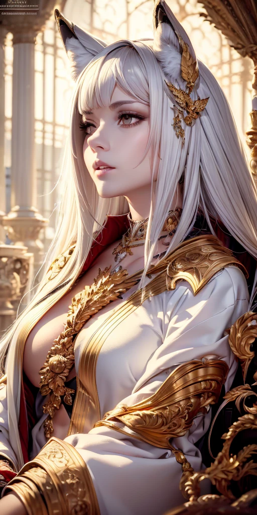 best quality, masterpiece,a portrait of lady white wolf, gold eyes,white clothes, looking up, detailed fur, 8k, best quality, hd, highlight.