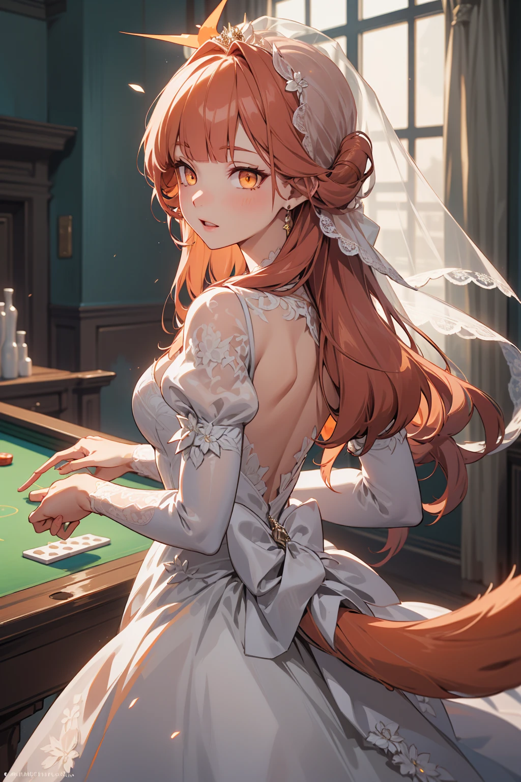 got it, Hello, horn, Long Hair, (Orange eyes:1.5), Pink Hair, bangs, blunt bangs,
break (Pure white wedding dress,Veil ,Lace sleeves,Big Long Tail:1.2)
break casino, 
break from back view、Look back sideways,
break (masterpiece:1.2), Highest quality, High resolution, unity 8k wallpaper, (figure:0.8), (Beautiful attention to detail:1.6), Highly detailed face, Perfect lighting, Highly detailed CG, (Perfect hands, Perfect Anatomy),