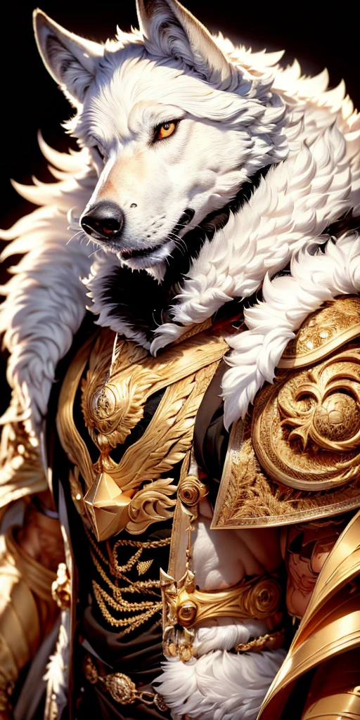 best quality, masterpiece, a portrait of white wolf, gold eyes,white clothes, looking up, royal clothes, menacing, detailed fur, 8k, hd, highlight, black background,