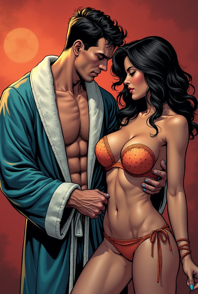 Couple cuddling, Nargis Fakhri, youthful, beautiful, completely naked, large breasts, naked butt visible, and Superman, handsome , robust, in costume, holding her from behind,in a garden, upper body view, head to toe, short brown hair , front view, breasts and visible, daylight, realistic, shade lights, high resolution, by Louis Royo, by Boris Vallejo, by Frank Frazetta