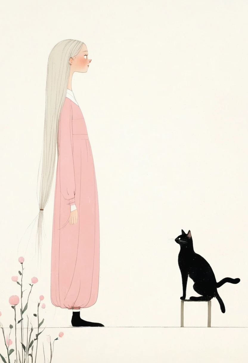 style of santiago caruso，In the style of Alessandro Gottardo【Flat coating】-
 ((best quality)), illustration, hairy, Cat, Animal ears, Tail, Black jumpsuit, 1 girl, whole body, 1 girl, Solitary, Long hair, White hair, ,Pink Eyes, Looking at the audience, Smile,Large Breasts,Perfect body,Dynamic poses，