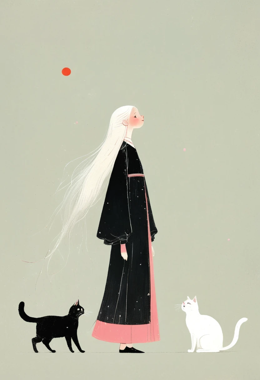 style of santiago caruso，In the style of Alessandro Gottardo【Flat coating】-
 ((best quality)), illustration, hairy, Cat, Animal ears, Tail, Black jumpsuit, 1 girl, whole body, 1 girl, Solitary, Long hair, White hair, ,Pink Eyes, Looking at the audience, Smile,Large Breasts,Perfect body,Dynamic poses，