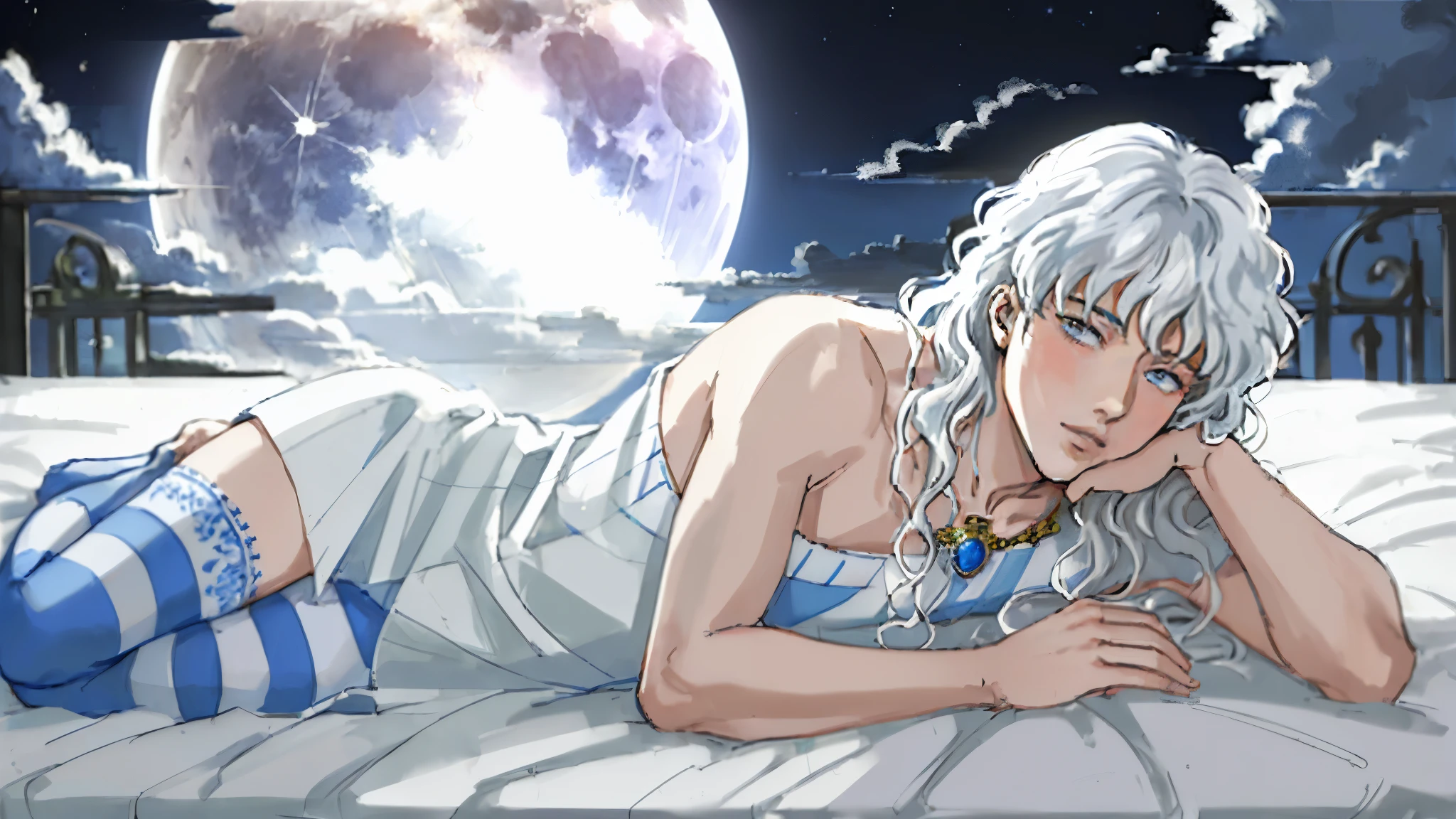 (masterpiece,best quality:1.5),(griffith \(berserk\):1.1),1boy,blue eyes,,closed mouth,lips,long hair,male focus,solo,wavy hair,white hair,looking at viewer,full moon,cloud,highres,absurdres,thisuserisalive,(((masterpiece))),((ultradetailed)),naked, laying on bed, laying prone on belly feet in the air, thigh high blue and white striped socks,(solo:1.5),(acrylic_paint_(medium):1.1),(opal render:1.1),