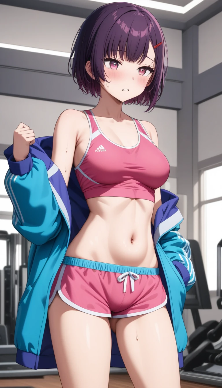 (masterpiece, Highest quality, so beautiful, Super detailed), Intricate details, One girl, Shizukazomu, short hair, Dark purple hair, bangs, hair ornaments, Hair Clip, Pink Eyes, White Eyes, Medium chest, clavicle, Blue jacket, Sporting goods, belly button, abdomen, pink tops, Pink shorts, indoor, gym, lie on back, legs up high, spread legs, hold knees, (pov:1.2), (1man), (grabbing thighs by a man:1.2), blush, sad, clenched teeth, saliva, (rolling eyes), sweat, steam, detailed beautiful, close-up shot of face