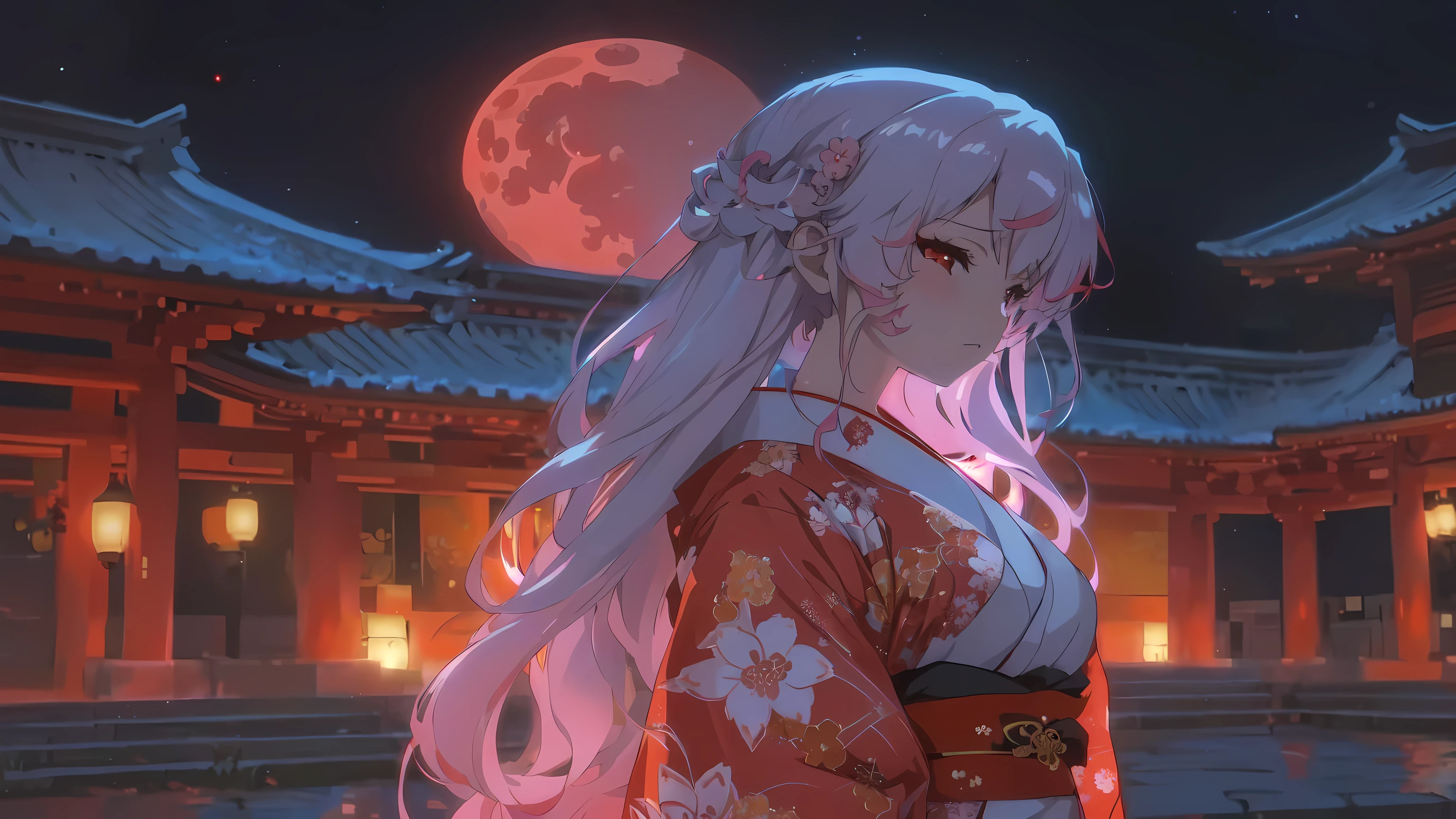 An anime girl in a red kimono stands in front of a red moon, Anime Style 4 k, anime wallpaper 4k, anime wallpaper 4k, Anime Art Wallpapers 8K, anime art wallpaper 4k, anime art wallpaper 4k, Gwaiz, 4k anime wallpaper, Anime Style. 8k, Nightcore, artwork in the style of Gwaiz