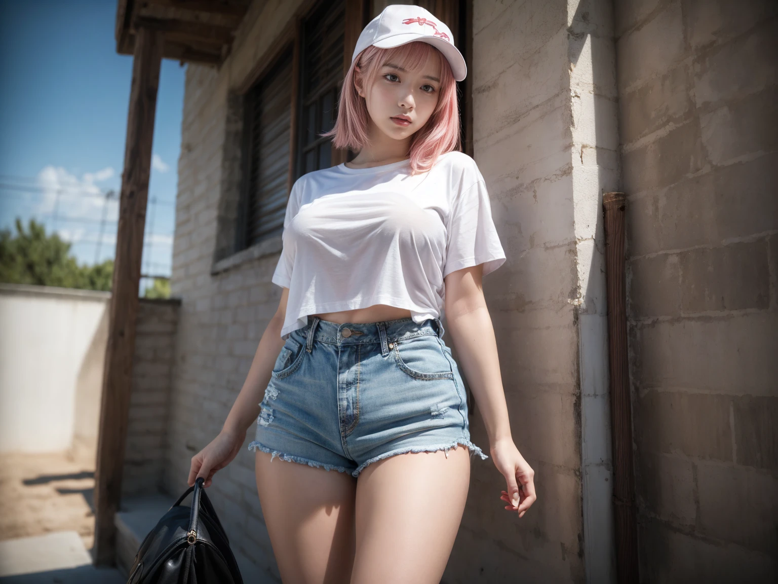 2 girls, 21yo girl,pink hair,long hair, wearing oversize white t-shirt, hot pants, wearing a baseball cap, natural big breast, show big thigh, plump body, single sidelock hairpin blush modern cinematic lighting,ray tracing,drop shadow wide shot UHD,textured skin,high details,best quality 4K, (from below:1.2), (realistic:1.1), (surreal:1.2), (very detailed:1.1)