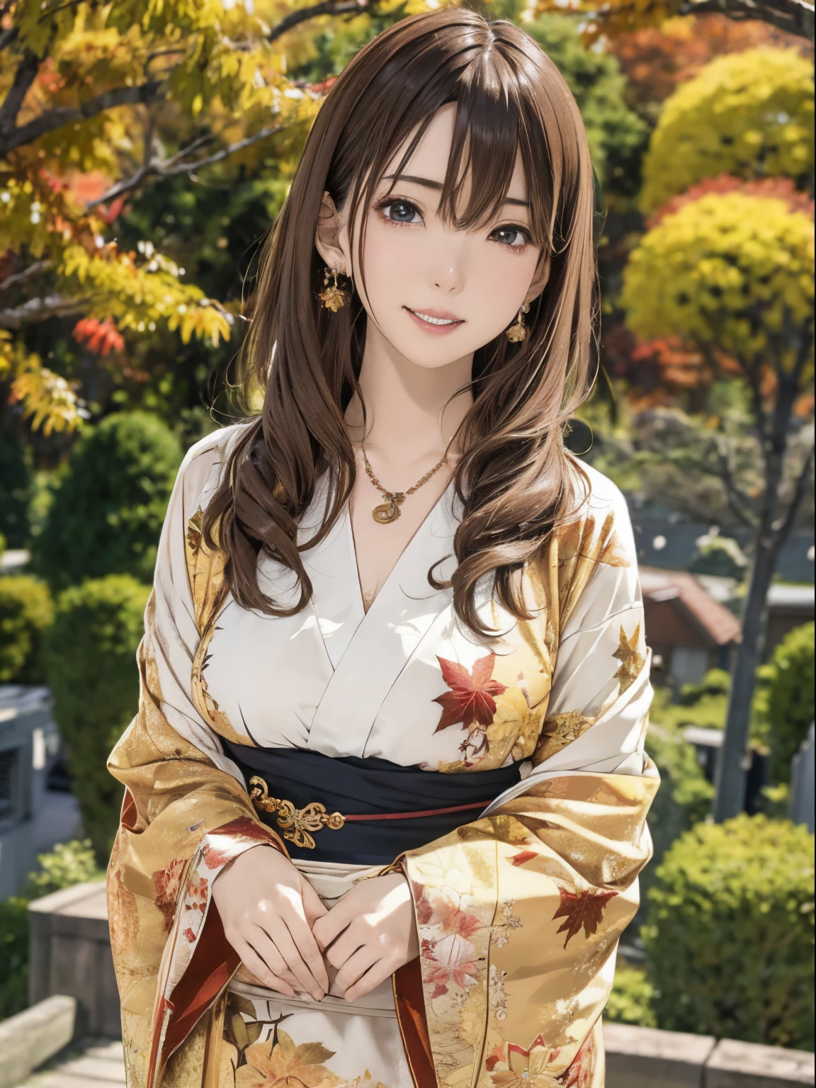 High resolution,8k,Highest quality,detailed,Semi-realistic anime,Anime 3D Style,Smooth anime CG,One Girl,A 20-year-old Japanese woman,slim,Modeled,Shiny brown hair,Medium Hair,detailedな顔,Beautiful and detailed,Glowing Skin,(Layering,Autumn and winter clothes),Earrings Beautiful,necklace,Winter in Japan,Dead Tree,Leaves fall,Hard Focus、Film Grain,Soft lighting,Wind,Looking at the audience,Laughter,