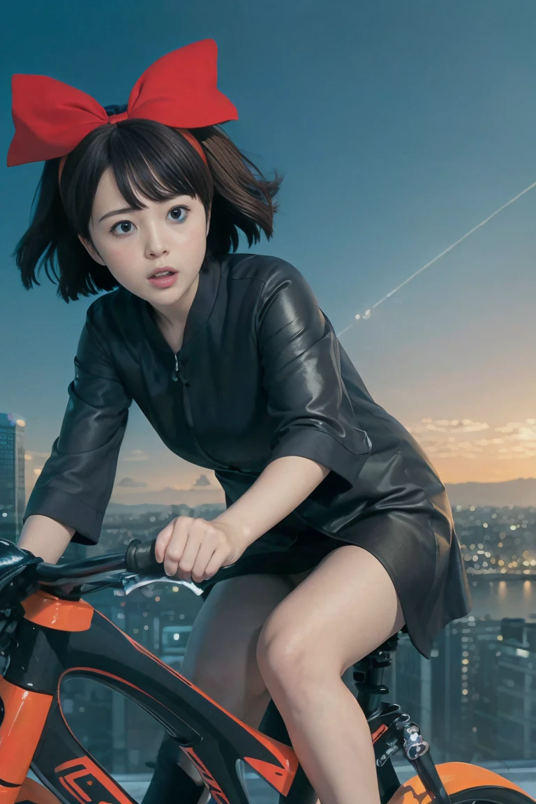 Best image quality, Excellent detail, Ultra-high resolution photos, (realism: 1.4), detailed, Ride a futuristic high-tech bike, 背景は未来都cityのハイテク照明シーンです, Black coat, Red ribbon, Kiki, city, dynamic.tron