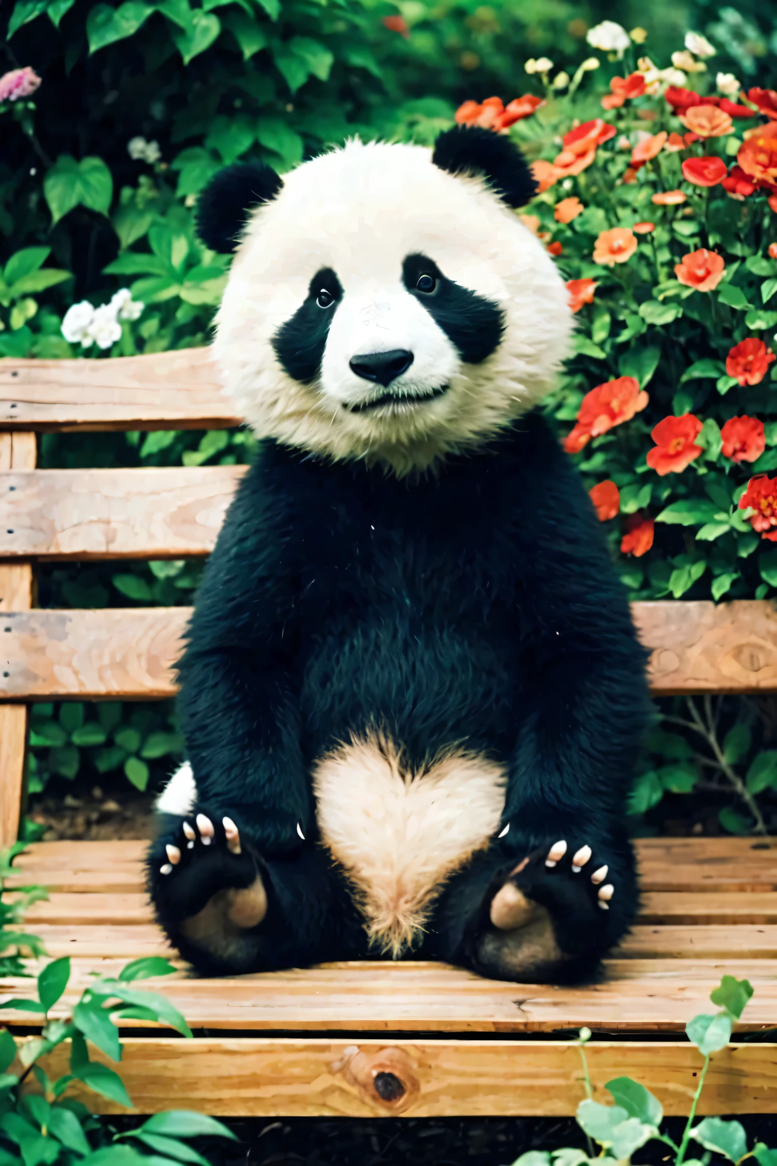 bestquality,masterpiece,high resolusion,8k photo,panda sitting on a bench in a garden, Color photograph by Evelyn Ness, Flicker, Romanticism, 1950s Style, 