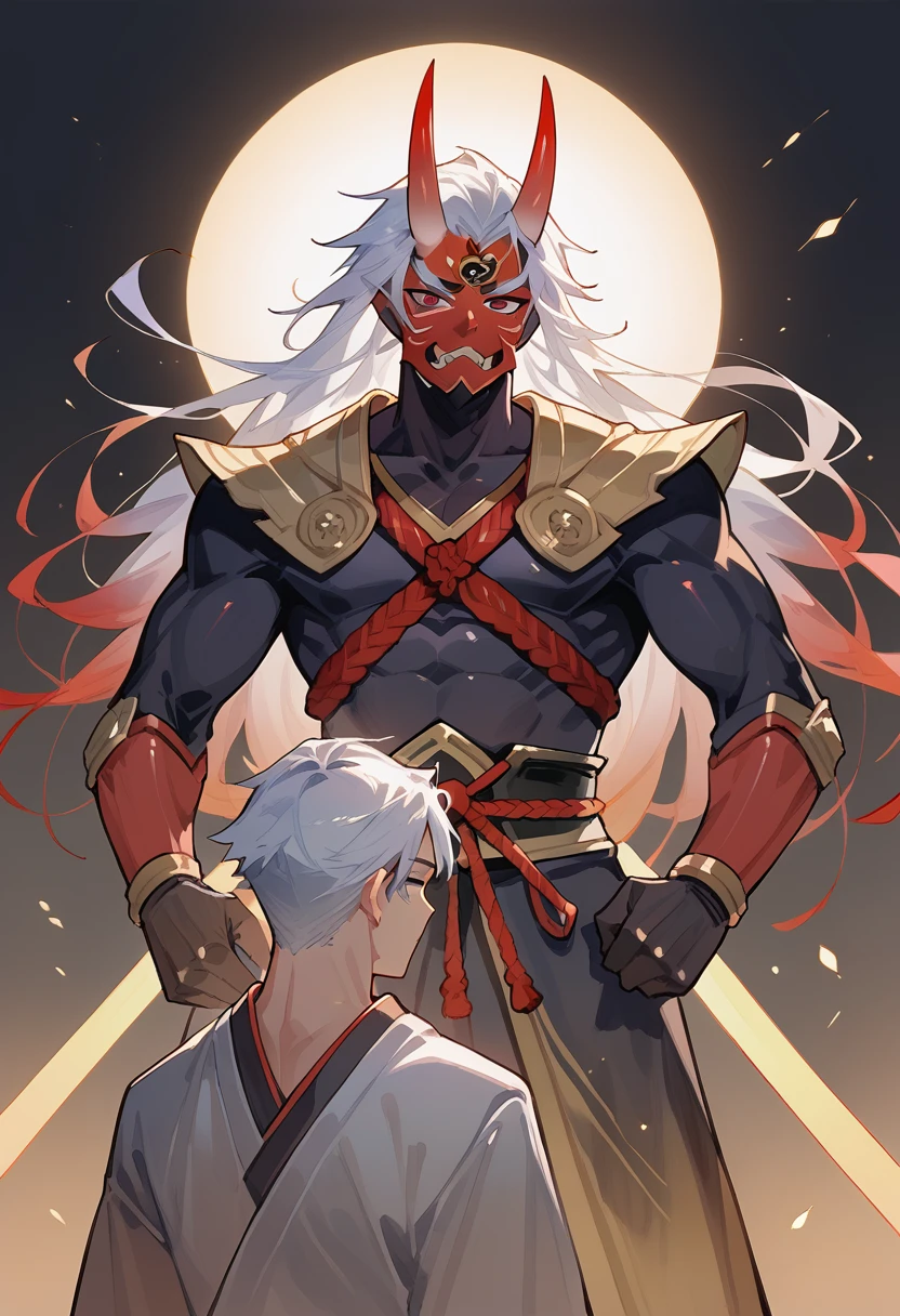 Japanese theme,samurai armor,oni mask,oni horns,black horns,gold trimmed armor,1 boy,white hair,red eyes,gradient hair,lighting,machina,lighting