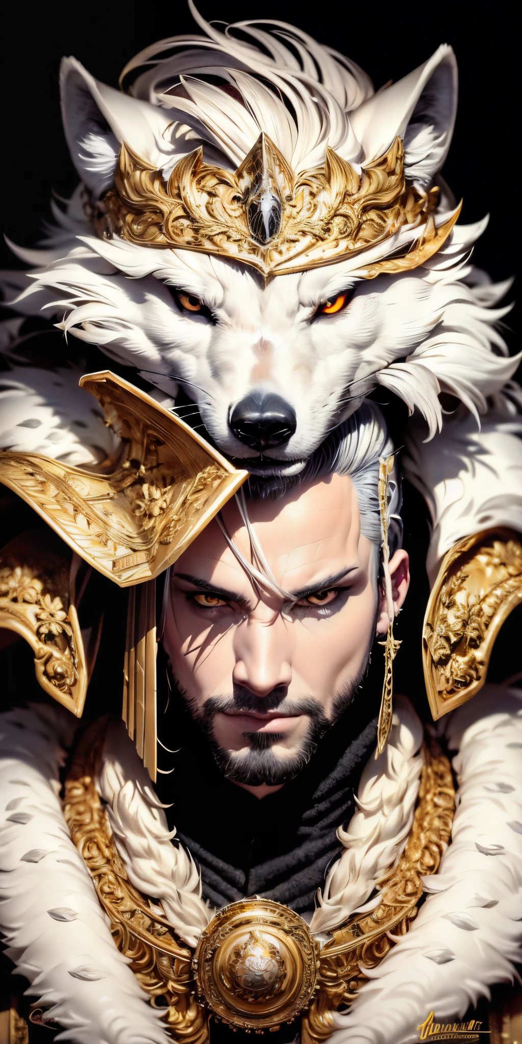 best quality, masterpiece, a portrait of white wolf, gold eyes,white clothes, royal clothes, menacing, detailed fur, 8k, hd, highlight, black background,