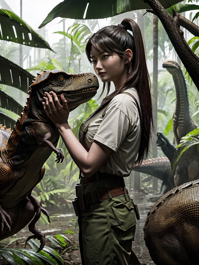 Chica linda como wang yiren, in jurassic park jurassic park with a little dinosaur.