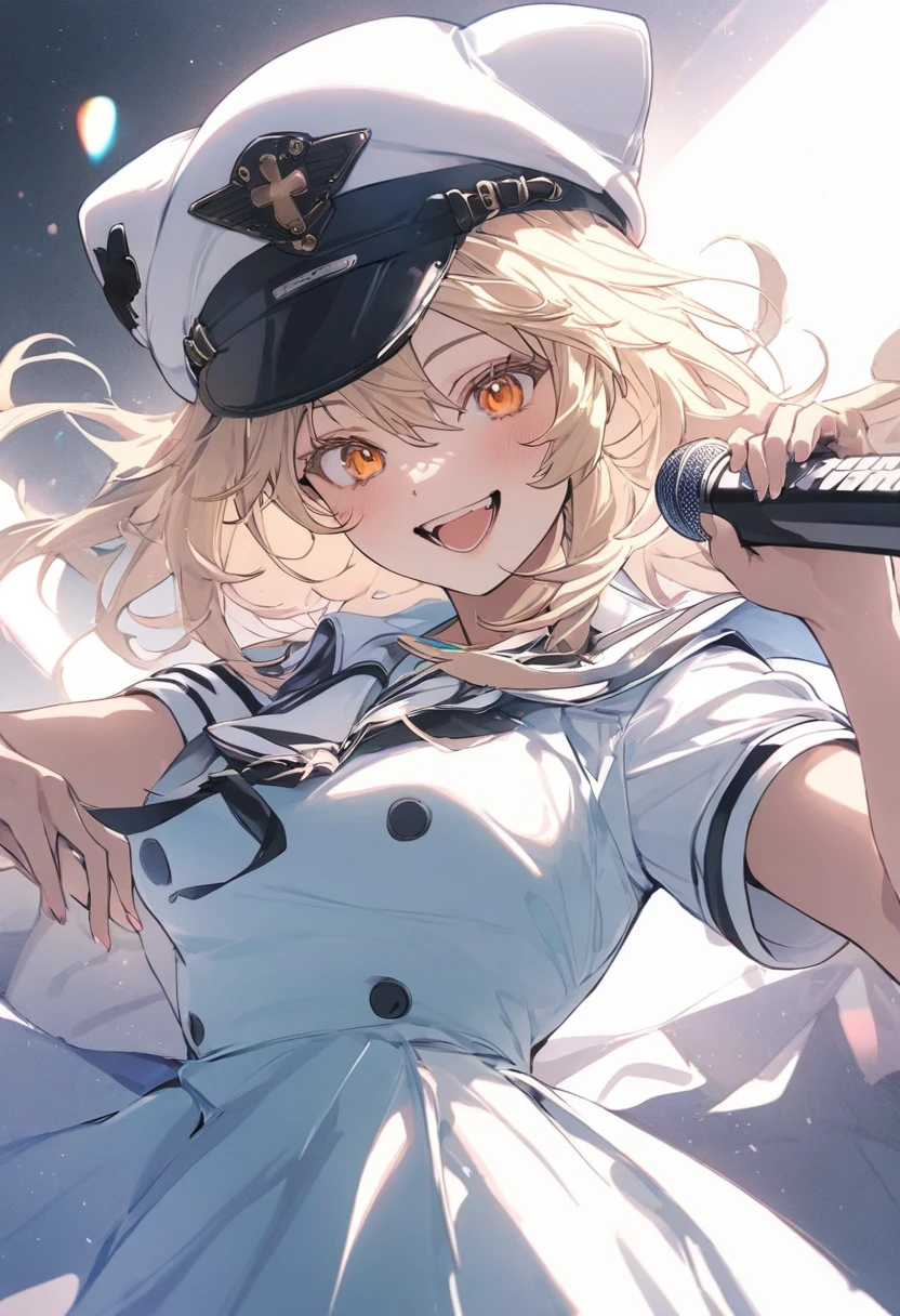 aashigure,live,Sing a song,microphone,Spread your arms,blonde hair,orange eyes,fun,Penlight,Penlight in the background,1girl, hololive, pastel colors,dress,happy,Retirement,bright,Light Masterpiece, best quality, newest, very aesthetic, absurdres, absolutely resolution, ultra detailed, 8k, super fine illustration, highly detailed beautiful face and eyes, perfect anatomy, professional lighting, sailor hat