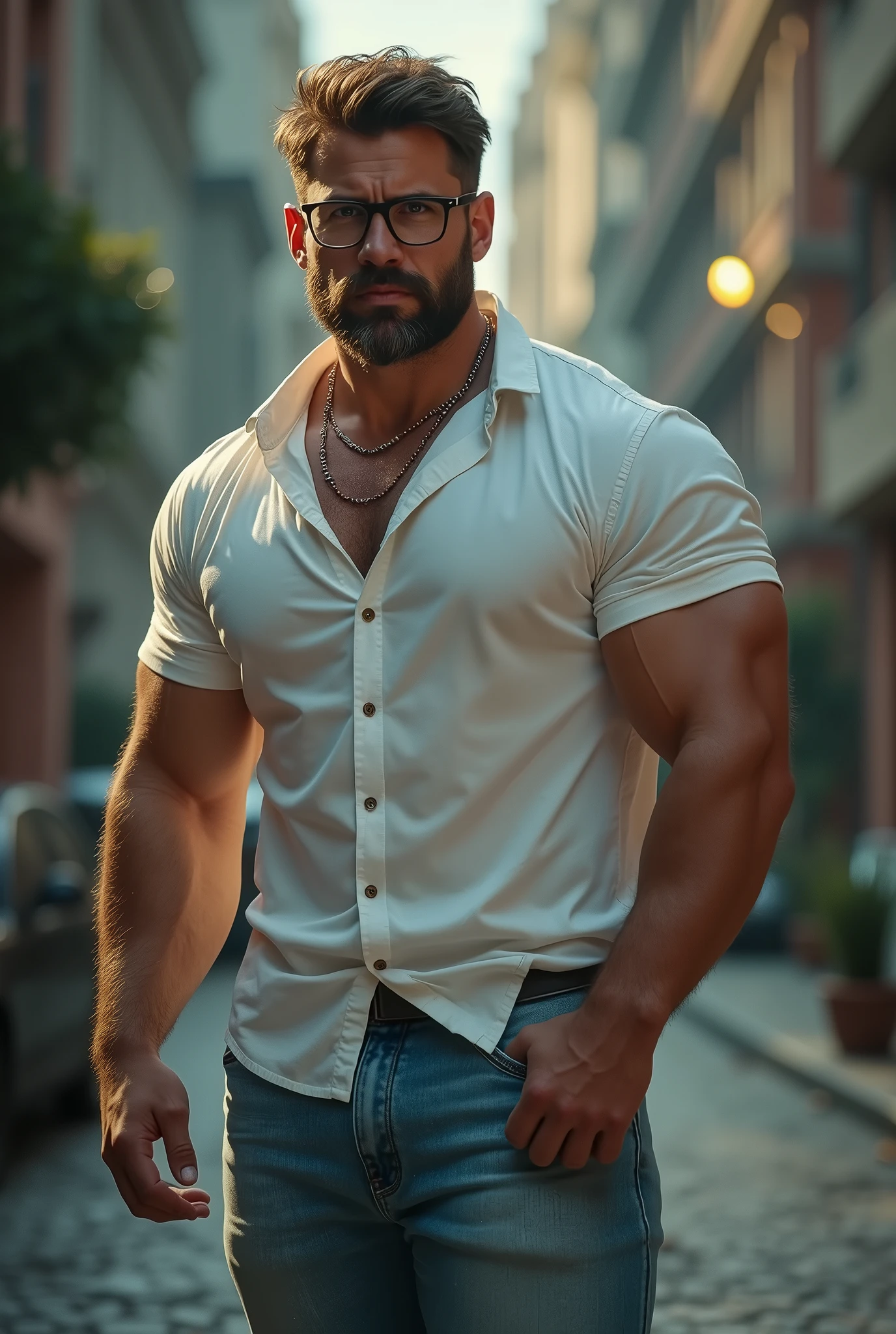 A man 42yo with atletic body walking on street, very shiny body, wearing white sportive short, 2d drawn style, large lips, Wide shoulders , too much light particles , naughty smile, tight esportive uniform, Black wavy hair fade , belt side bulge , muscular hairy chest, standed, staring at camera, long legs.