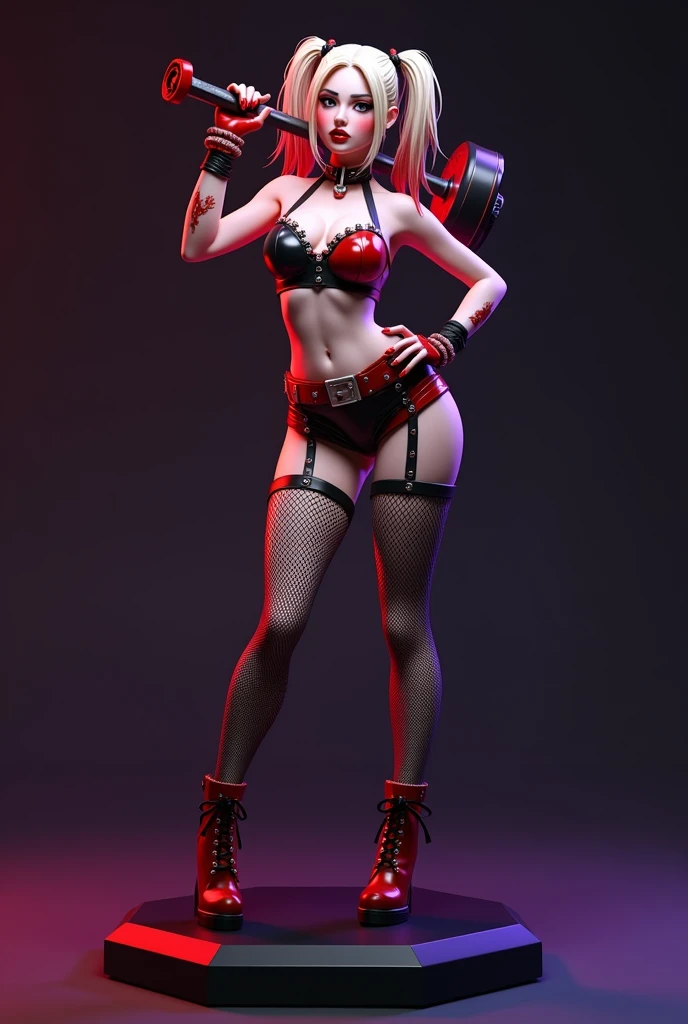 Harley Quinn pin up, Gil Elvgren, wearing a open leather jacket, holding his big hammer in one hand, full body