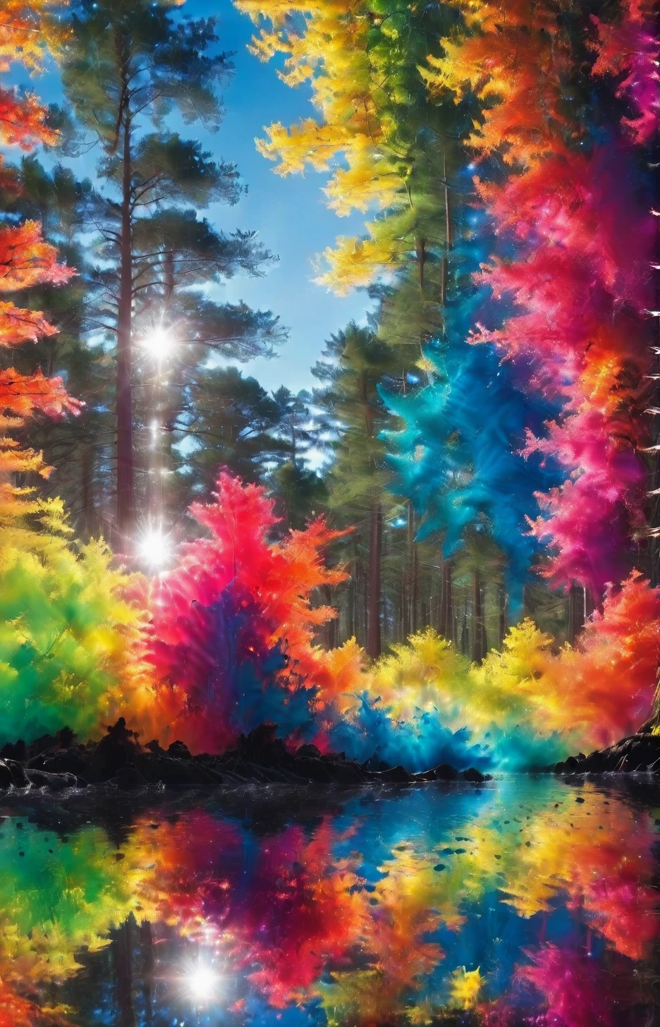 Color splash,"What is Life?", forest in background, Panorama, Zen, Reflected light, ral-oilspill