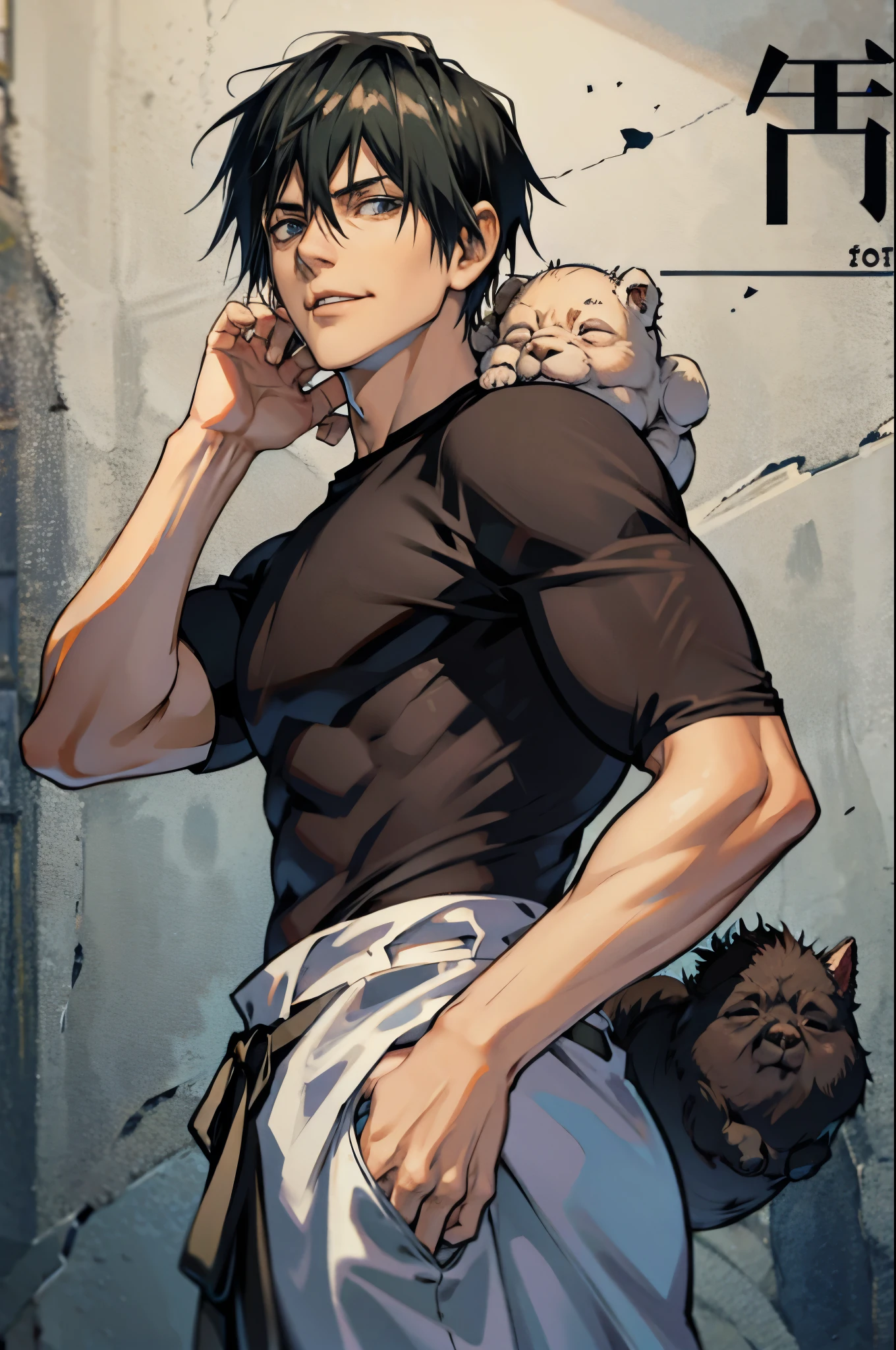 Portrait of fushiguro toji, (masterpiece, best quality:1.2), brown eyes, solo, white background, male focus, 1boy, muscular male, expressionless, black shirt, short sleeves, pants, monster