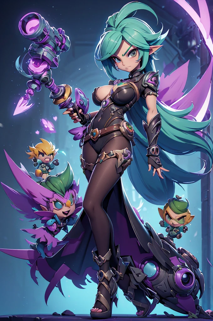 Rayman Legends style tree, character estilo art rayman legends, girl, fully body, STYLE mercenary with futuristic doom style weapons, Giant Accessories,Giant Monster, big breats,Little bunny,big breast, sensuality, elfo, mascot next door,doom style weapons,((doom armor))