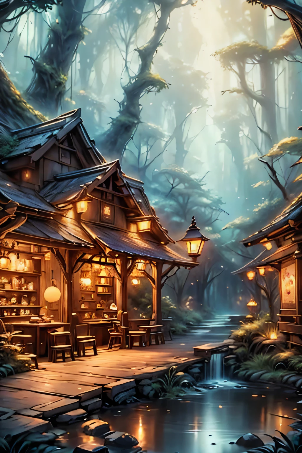 Best Quality, masterpiece, Very detailed, Fairy Coffee Shop, Fairy drinking coffee, Fantasy art style, Mori no Coffee Shop, Night Forest, Glowing lantern 