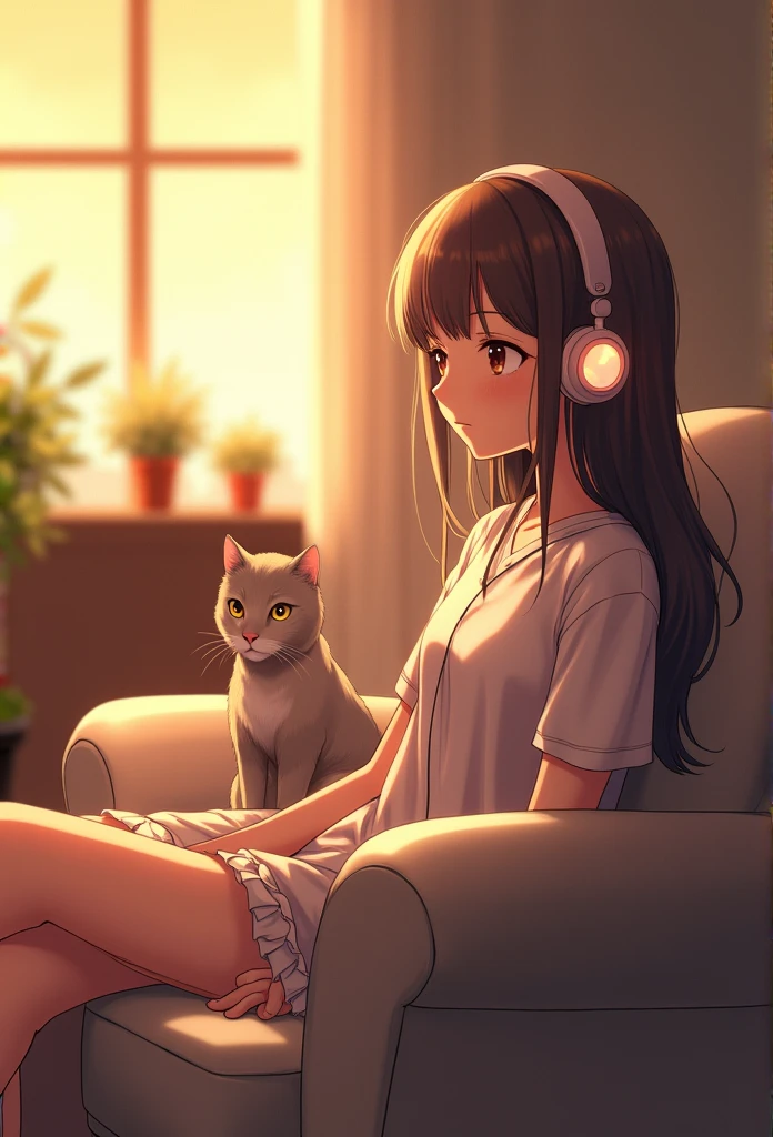 A teenage girl sits with a cat.,Happily listening to music at my desk.,In a quiet room filled with plants and cute decorations.