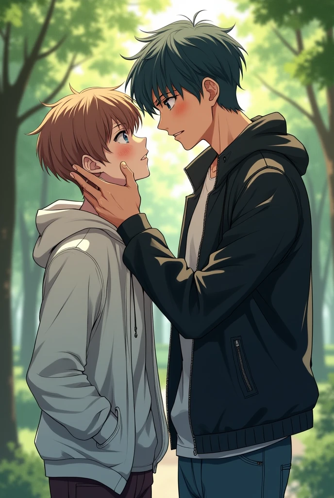 Two male teenagers are sitting on a bench and are kissing. The boy on the right is a goth. He has black hair and slightly pale skin. He is wearing a thorn choker. A shirt one of the fights with has black stripes. He is wearing a short-sleeved black shirt with a red flower design. He is also wearing black jeans and black boots. Next to him is his black bag with a skull design. You can see a notebook with poems written inside. Next to the goth boy, it is winter. The boy on the left has more tanned skin, blond hair, heart-shaped glasses. He is wearing a pink shirt with a smiley face drawn on it. He is wearing a coat in the colors of the sunset. Checkered blue jeans. White shoes. Next to him is his backpack, which is a unicorn backpack. Next to him is summer. The image has to be in anime.