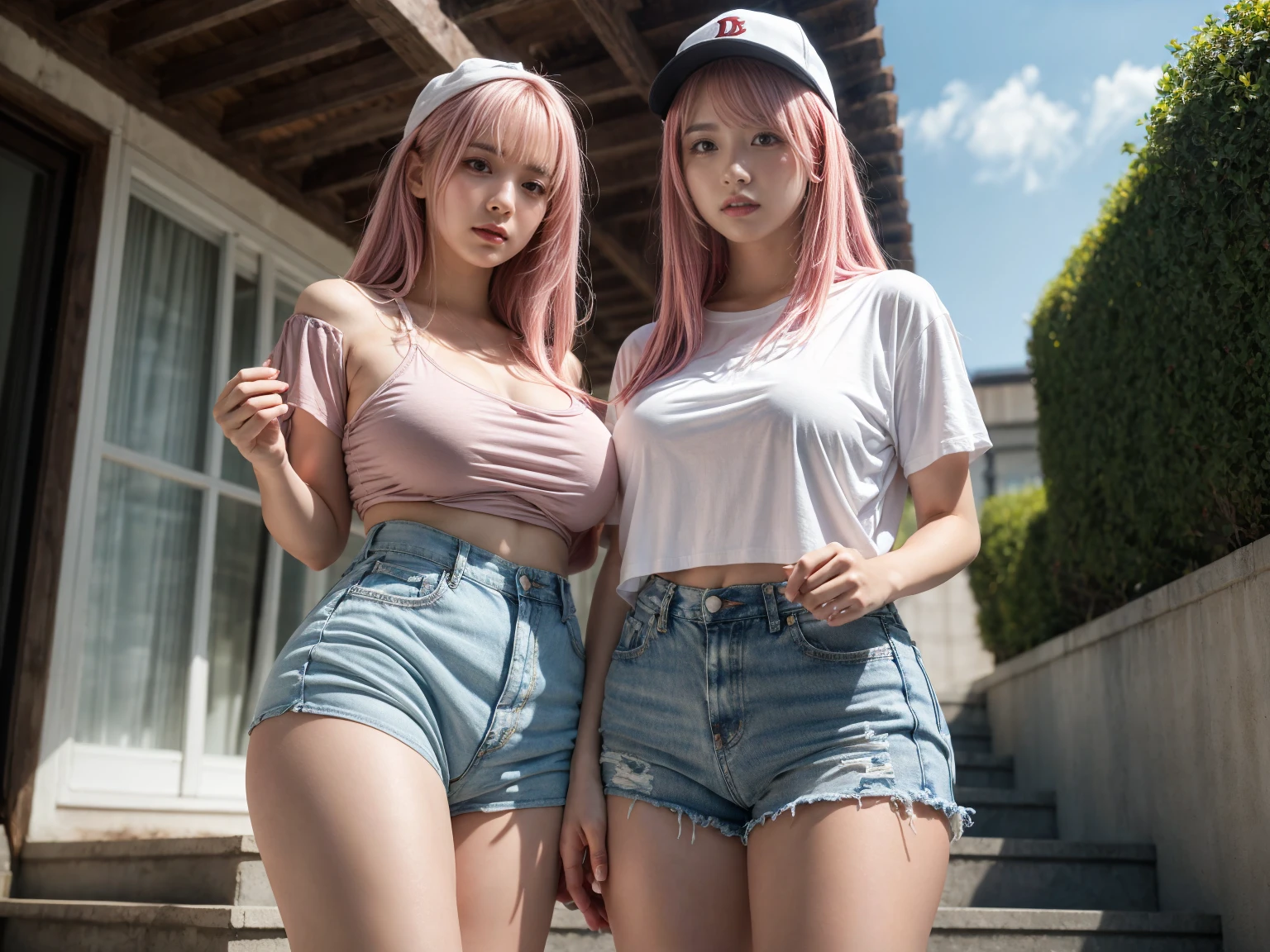 (Best quality, 4k, Masterpiece :1.3), beautiful woman, hyper realistic, 1girl, (droopy breasts, attractive body :1.2), sit-ups :1.1, long straight light yellow hair with fringes :1.1, ultra-detailed face, detailed lips, detailed eyes, double eyelid, tight short pink bra, open neckline, hanging breasts, side pose, visible curves, on the street, light blue and tight short jean shorts, muscular turned leg, Big breasts, light green eyes, pink high heels, open sky with sun, smiling, big ass, standing on his back looking back, show more ass, hands on ass, freckles on face, freckles on ass