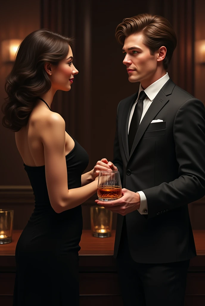Bruce Wayne, a handsome man wearing a black suit, attractive without a beard, strong facial features, a woman with blond hair wearing a black jacket and transparent pants that show skin, making love in a restaurant