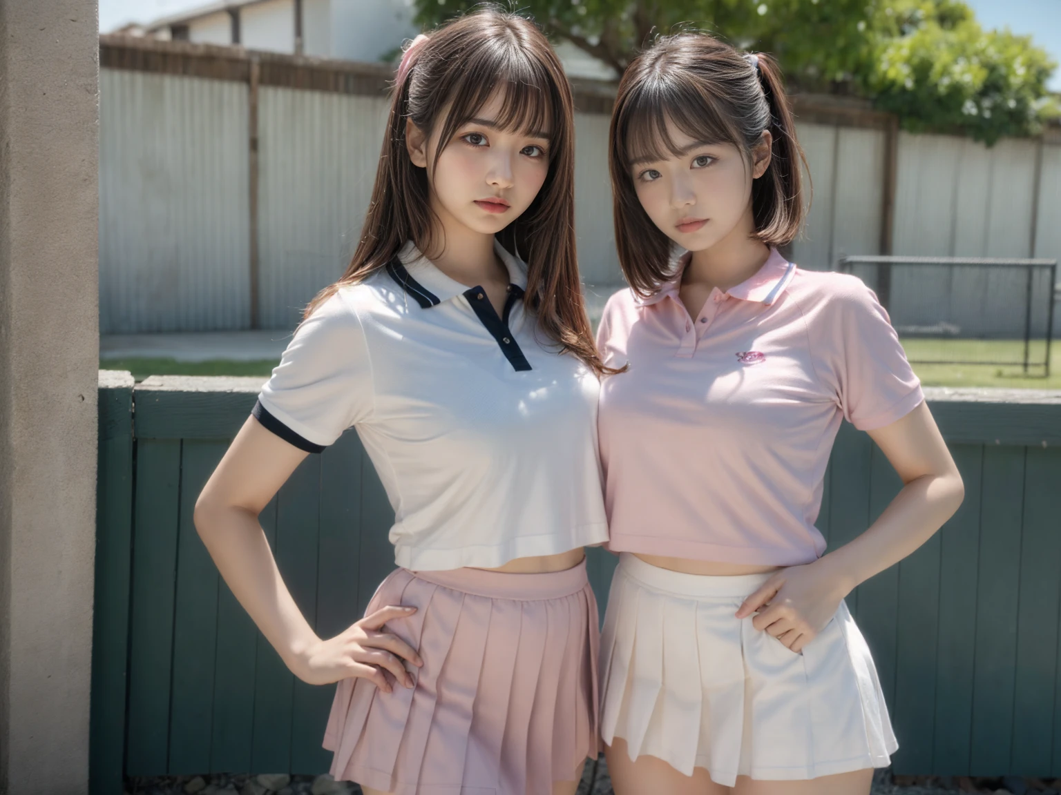 (masterpiece), (highest quality),ultra high resolution, caustics, get used to it, Beautiful get used to it FACE,perfect anatomy,cowboy shot,solo 14 year old beauty、日BookのBookを読む人、black hair,short bob hair,black eye,slender body,ideal body proportions,medium breasts,tanned skin,glowing skin,oily skin,shiny skin,squat,ponytail,((latex、tennis uniform、white polo shirt、white pleated mini skirt)),tennis racket1Book、正しく描かれたtennis racket:1.12、outdoor、Tennis court、,full body image((beautiful pussy line:1.19)),,(((Mr... Mr.. Mr. A is very cute and has a childish face...:1.15))), 、(very young:1.4),(Visible pussy line:1.3),(((cleavage:1.8))),(((very flat chest:1.6)))