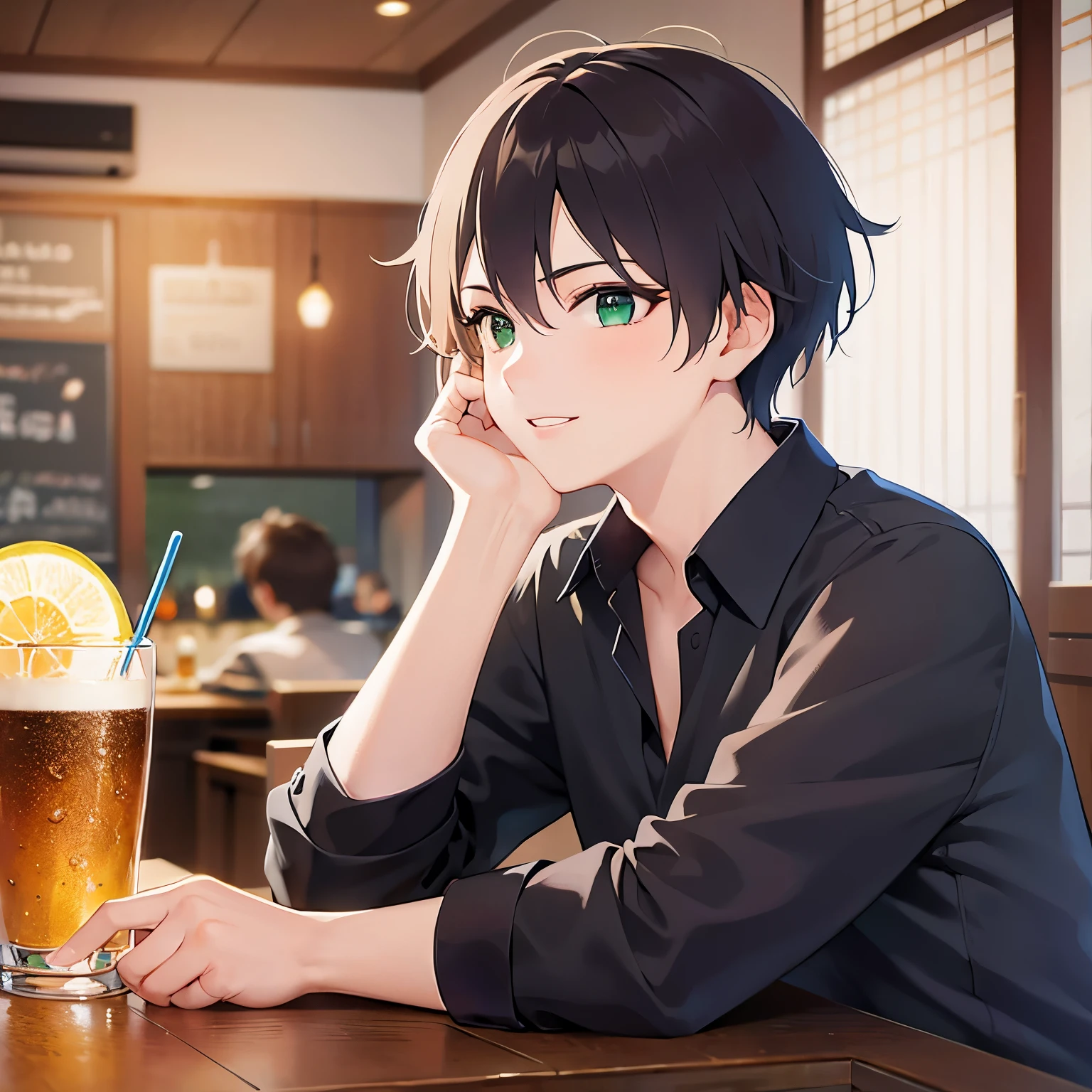 (looking away:1.5),upper body、Side shot、Drinking beer、
shiny skin, masterpiece、Highest quality、
(25-year-old male:1.2) and (Black short hair) and (blue eyes), 
(black collared shirt：1.5)、
sad、The background is the interior of a bar at night.、(alone:1.5)