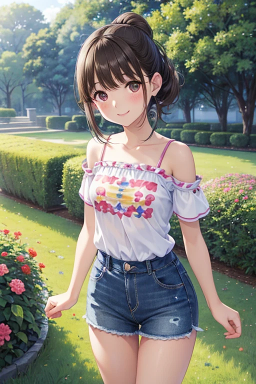 anegasaki nene、Shiny brown hair, short hair, (Beautiful brown eyes、Sparkling eyes, Fine grain)、smile、Ultra-detailed eyes、Highly detailed face, Highly detailed eyes,Cowboy Shot、



oil、masterpiece、Highest quality、High resolution、Bright woman、Laughter、
yellowＴshirt、Denim hot pants、Sweaty skin、Side Ponytail、coastal、The seaside looks fun、blue sky、Jumping、Light clothing、Big eyes、Big Mouth、White teeth、Floral scrunchie、Fashionable２０Talented woman、Short sleeveＴshirt