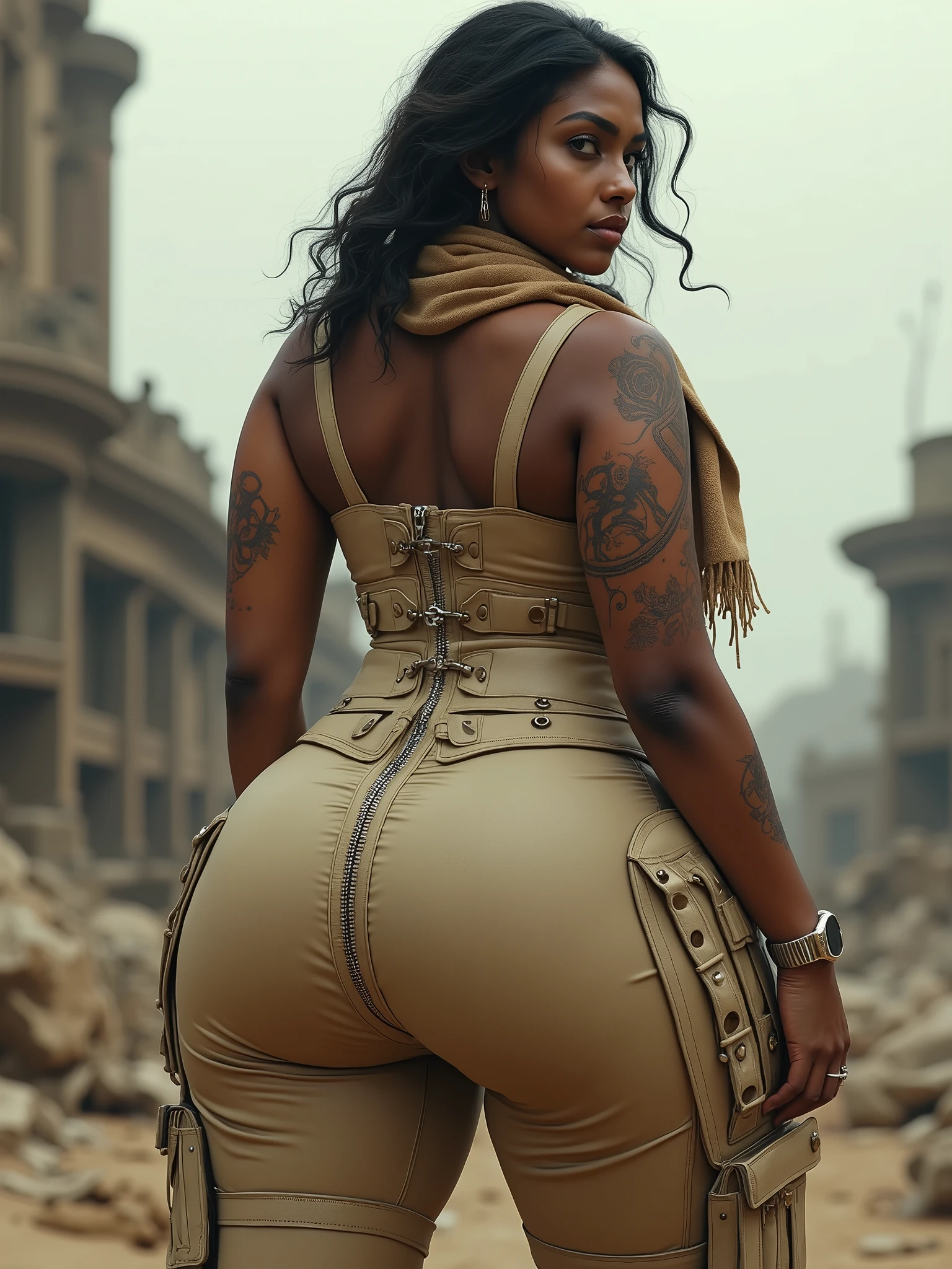 milf anorexic HUMUNGOUS GLUTES, ethnic: Indian-Sudanese, shows (widely) expansive protruding booty overhang: Womancore: gradients battlefield: apocalyptic: cream jumper: zippers belts clasps latches buckles: tan: scarf watch corset: beige: chest-plate + mesh sleeves: