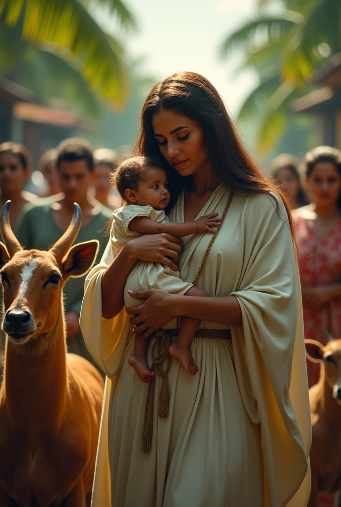 The goddess Rhea handing over the god Zeus to the nymphs of the forests on the island of Crete, com uma cabra amamentando o jovem deus zeus