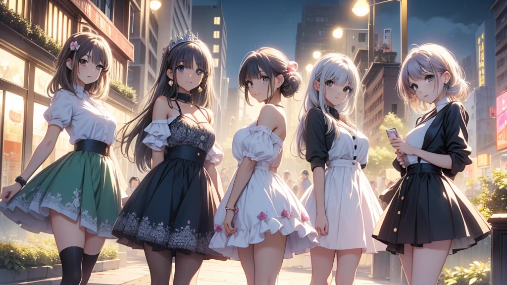 Masterpiece, super high quality anime style illustration, 8K, early Meiji period in Japan. Outside, in front of an old fashioned cafe, ((very beautiful 20 year old maids)), ((2 beautiful girls smiling)). Colorful eyes, pink lips, perfect makeup, flashy colorful outfits, maid cafe outfits in Akihabara, average breasts, a glimpse of cleavage, attractive proportions, smallish buttocks.