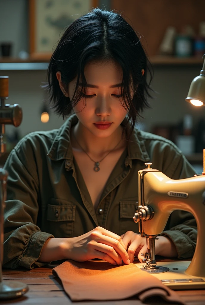 A beautiful woman using a sewing machine is depicted in detail、8k