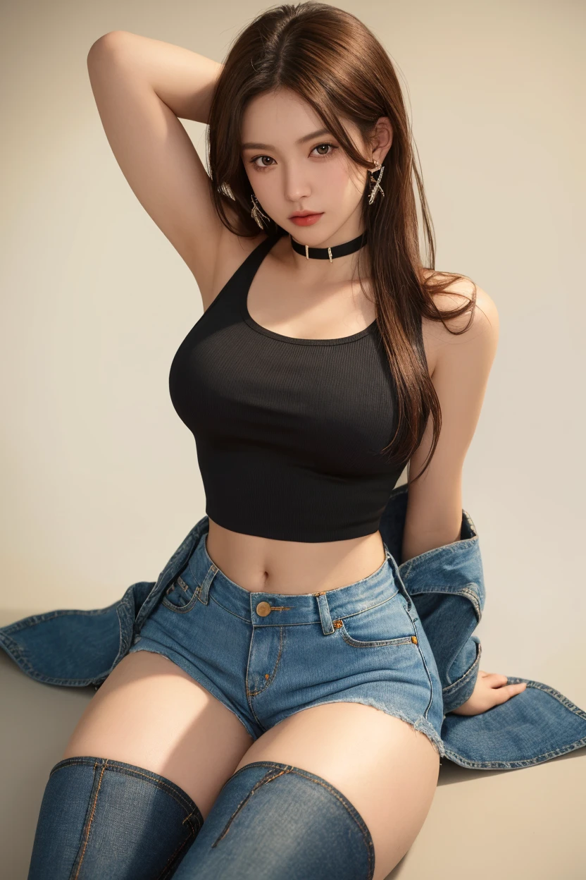 （（mideum 、tomgirl、Head））、（the perfect body：1.1）、（shovy hair：1.2）、reddish brown、collars、chain、FULL BODYSHOT、Crowded city、Black tank top、jean jacket、（Shorts）、（Very elaborate CG 8K wallpapers）、（extremely delicate and beautiful）、（​masterpiece）、（top-quality）:1.0)、(超A high resolution:1.0)、beautiful  lighting、perfect lightning bolt、realistic shadow、[hight resolution]、detailed skins、ultra-detailliert ((colourfull))、Kowloon City