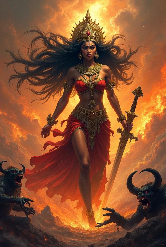 Jhansi's valiant queen ( an Indian brave queen with sword ) stands as a beacon of courage amidst a raging battlefield. Surrounded by a swarm of enemies, she fearlessly brandishes her weapon, showcasing her indomitable spirit and determination to protect her kingdom. The backdrop depicts a war-torn landscape with billowing smoke, emphasizing the chaos and peril of the situation. Amidst the chaos, the queen's unwavering resolve radiates, inspiring her allies and striking fear into the hearts of her foes. Explore the extraordinary tale of Jhansi's queen as she confronts the relentless onslaught of adversaries, showcasing her prowess, strategic brilliance, and unwavering dedication to her people. --auto --s2