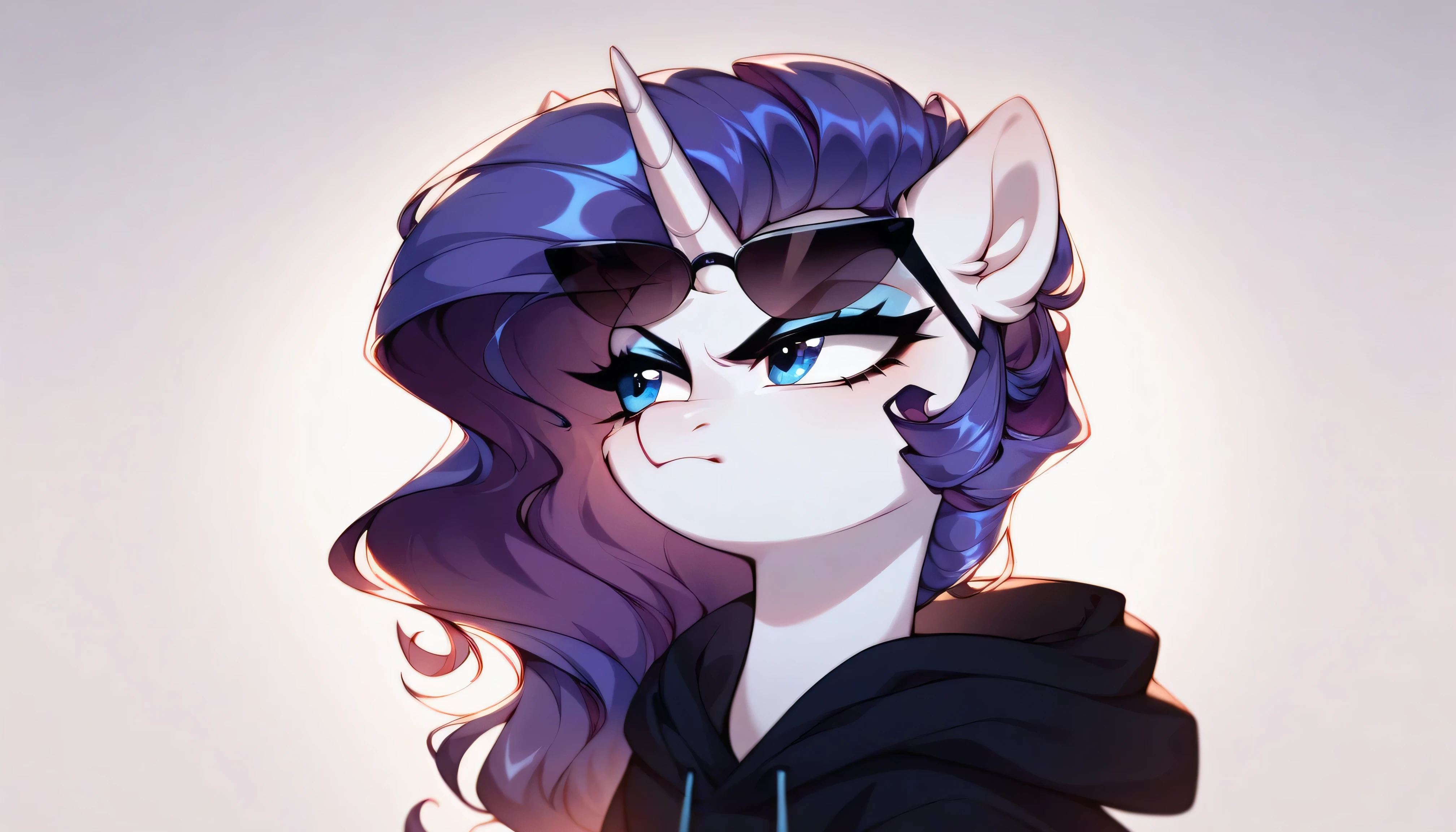 Score_9, Score_8_up, Score_7_up, Score_6_up, a serious unicorn, My Little Pony's Rarity, appears in a dark hoodie and sunglasses with polarized lenses that shine in the sunlight. Her mane flows in a wavy pattern of crystalline colors, with shades of violet mixing with each other. She is looking at something out of frame with a disgusted expression. The setting is apocalytic with multi-story buildings, a clear day. In its extended magical aura is a smartphone with a snowflake logo on the back.