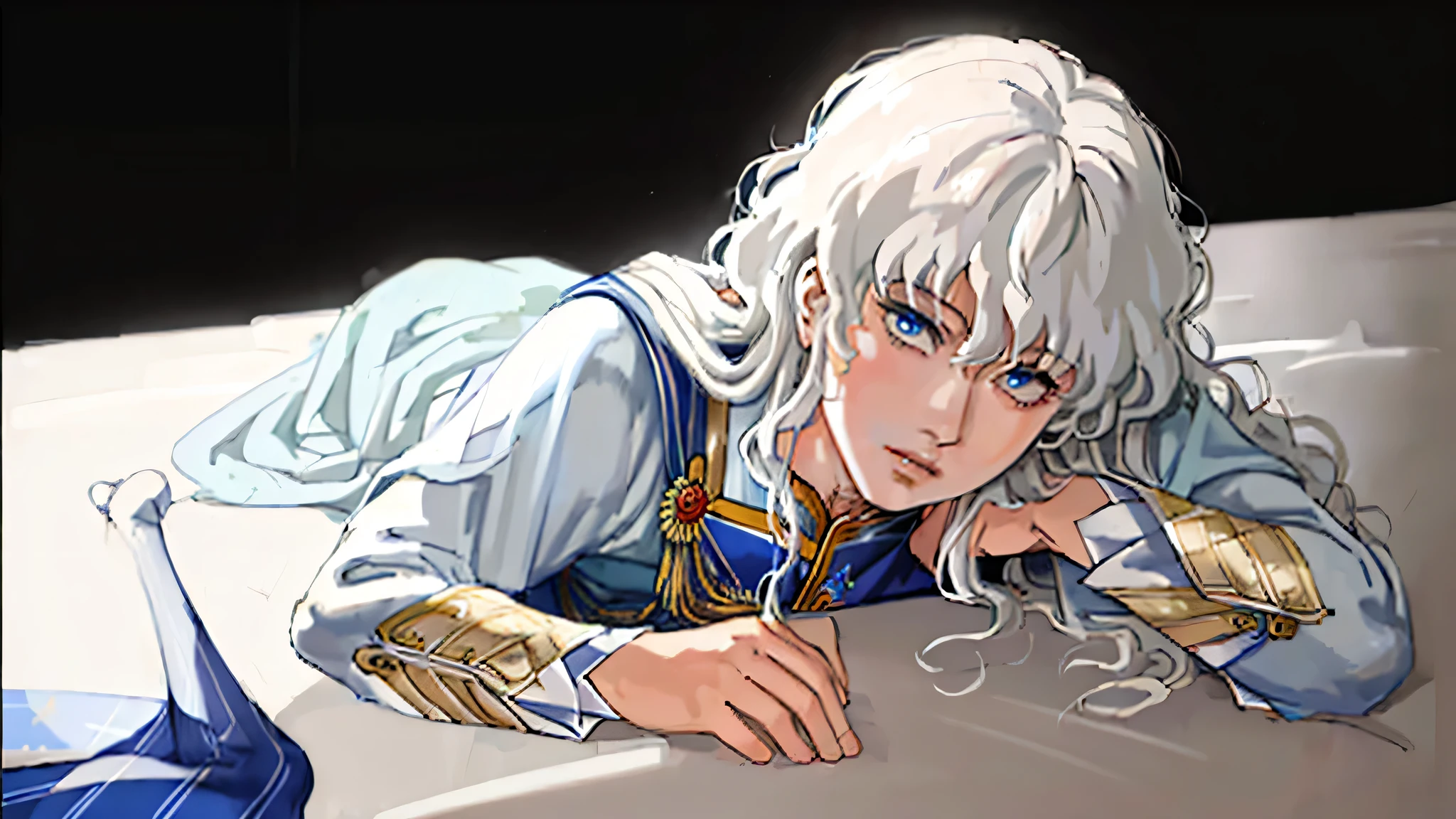 (masterpiece,best quality:1.5),(griffith \(berserk\):1.1),1boy,blue eyes,,closed mouth,lips,long hair,male focus,solo,wavy hair,white hair,looking at viewer,full moon,cloud,highres,absurdres,thisuserisalive,(((masterpiece))),((ultradetailed)),naked, laying on bed, laying prone on belly feet in the air, thigh high blue and white striped socks,(solo:1.5),(acrylic_paint_(medium):1.1),(opal render:1.1),