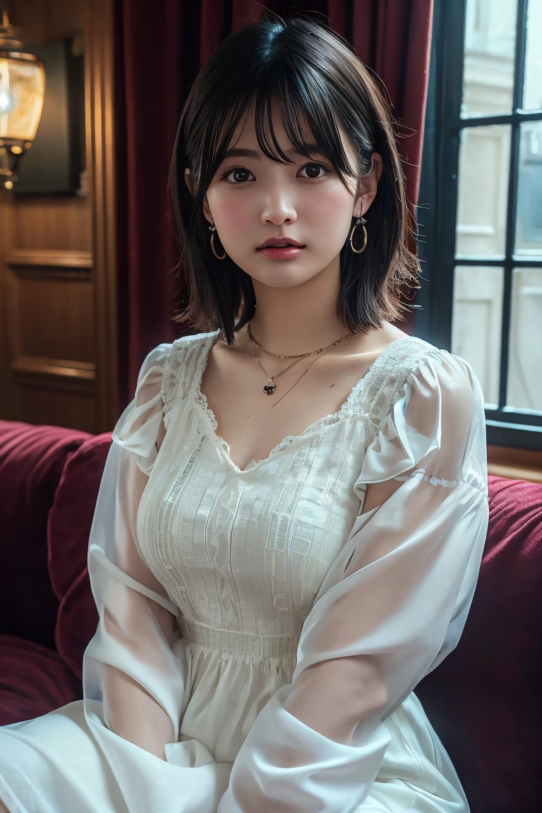 (Highest quality:1.4),(masterpiece:1.4),(Realistic:1.4),(Realistic:1.2),(超High resolution, RAW Photos:1.4),(High resolution, Ultra-detailed:1.2),(8k:1.2),View your viewers,Cinematic photography,One person,skeletally correct,Black-haired woman,Woman in her early 20s,(Small earrings,necklace,Lace dress),(Western-style building interior,Dimly lit room,The lamplight shines on my cheeks,kneel)