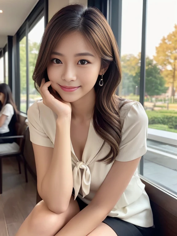 (brunette girl,28 years old,green eyes) in a restaurant,(best quality:1.2,ultra-detailed,realistic:1.37),soft lighting,warm colors,cozy atmosphere,wooden furniture,fine dining,happy and relaxed expression,stylish outfit,engaged in conversation,enjoying a glass of wine,fine dining table setting,chef in the background,exquisite presentation of food,delicious aroma in the air,sparkling wine glasses,subtle background music,faint chatter of other patrons,comfortable seating,large windows with city view,reflections on glassware,plates with artistic patterns,artificial candlelight,sophisticated glasses,tastefully decorated interior,hanging plants,soft background noise of cutlery,attentive waitstaff,cloth napkins,thoughtful plating,rich textures in the surroundings,plate garnished with fresh herbs,smiling and helpful service,colored glass bottles on display,tantalizing menu descriptions,menu written in elegant calligraphy,unique culinary creations,aromas of different cuisines blending,toasting with friends,celebrating a special occasion,artistic mural on the wall,natural sunlight streaming in,floral arrangements on the tables,chef's signature dish,conversations filled with laughter and joy,chic and modern decor