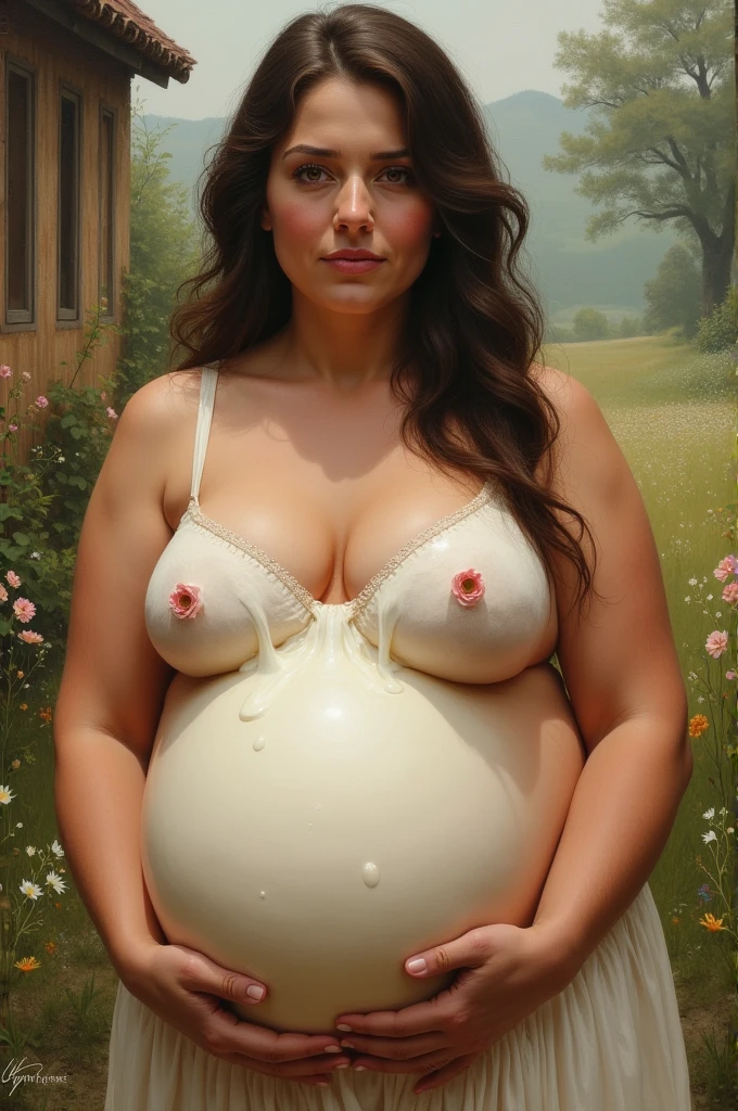 girl, no clothes, no underwear, nude, no pubic hair, large breasts, flat medium length brunette hair, looking down at me, I am under her with my penis in her vagina, cum dripping out of her genitals, cum dripping out of her vagina, she is smiling with pleasure, pregnant, large pregnant stomach, extremely detailed face, high quality, photo taken from a distance, full body image, standing behind her with his hand on her belly is a white male with very white skin, he has a bald head with a large orange beard, he is nude with a very large penis, zoomed out