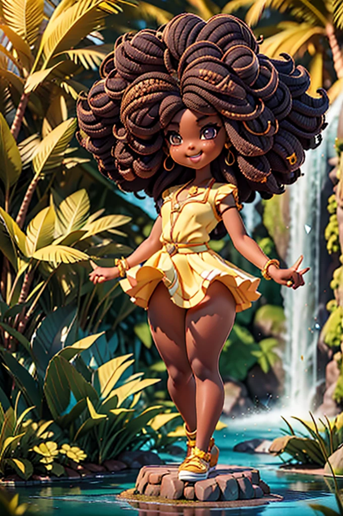 HD, dark skinned, young girl, age 8, humanoid, honey, black afro hair, (((afro hair))), Jackie Parris, ((((Jackie Parris)))), full body cgsociety, 3 d character art, full character body, detailed full body concept, stylized character, erotica, ((young girl, 1girl, age 8)), ((complex detailed background, outside, waterfall, bright lighting)), chubby, small, short, action pose, smiling, wearing Tinkerbell costume, standing on rock