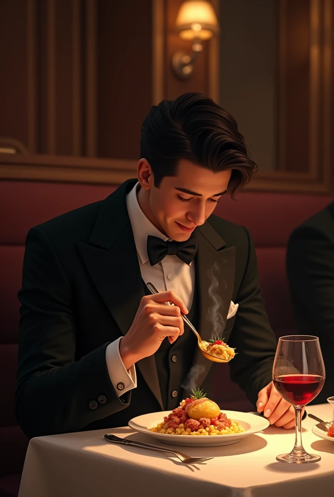A handsome guy having dinner in a restaurant, pixar style, cinematic, masterpiece, high-aesthetic, portrait