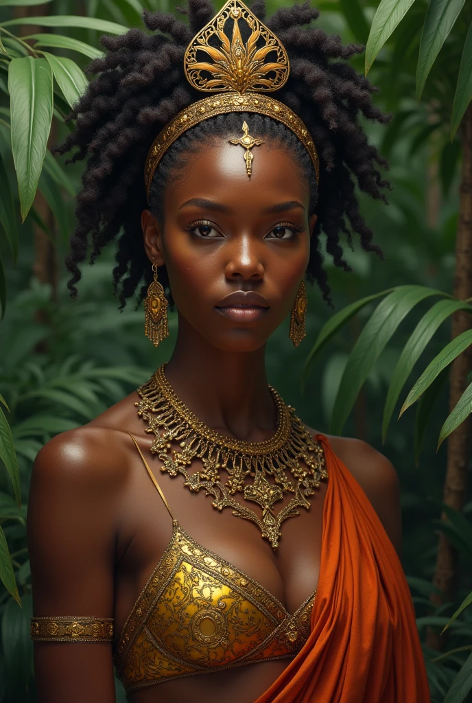 Generer une image d'une femme actrice africaine en tenue africaine de reine