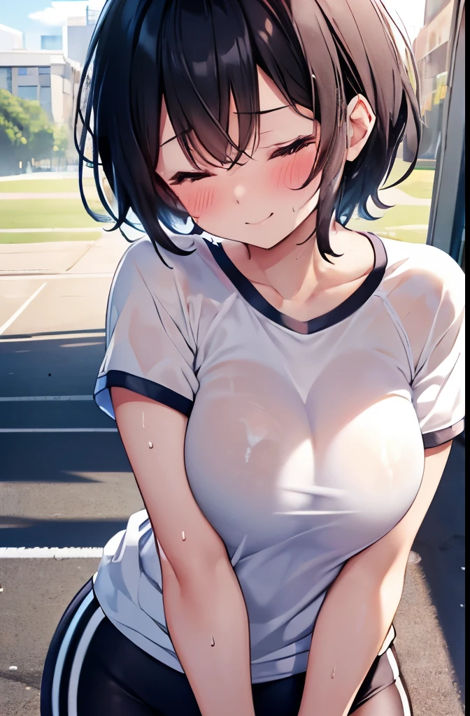 (masterpiece, highest quality, super detailed), (sumika), 1girl, (big breasts:1.6), slim legs, collarbones,  (small hips:1.2), short hair, black hair, , raised, Wet , Sweat, beautiful face, (Big eyes:1.5), cute, fog, (teenage:0.6), school, (gym uniform:1.4), (election of nipples:0.8), (cameltoe:0.6), standing, arms behind back, 